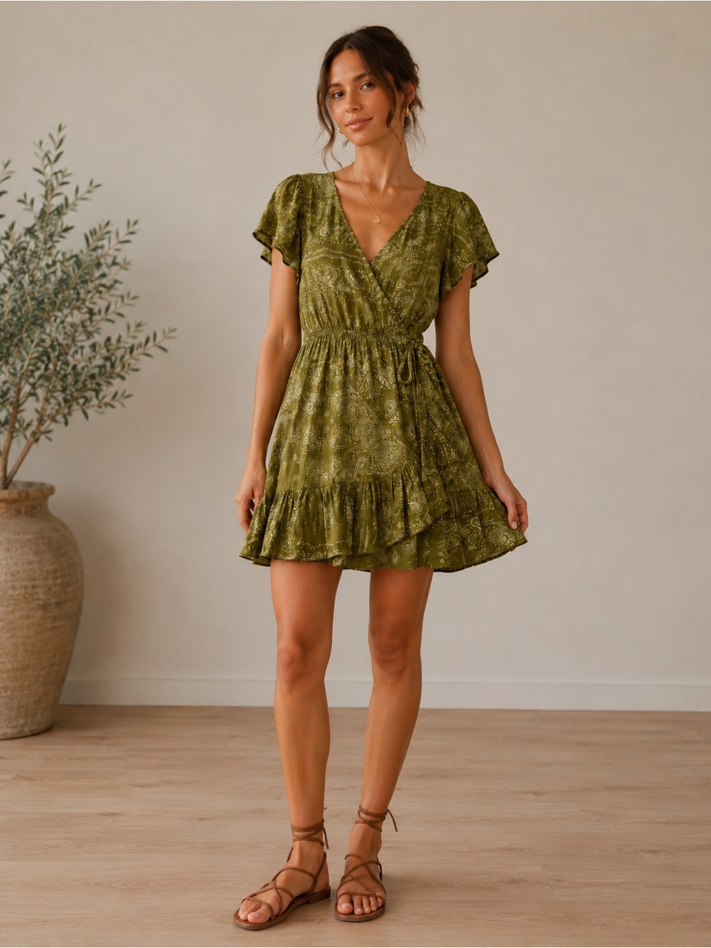 Zara Olive Green Floral Wrap Mini Dress